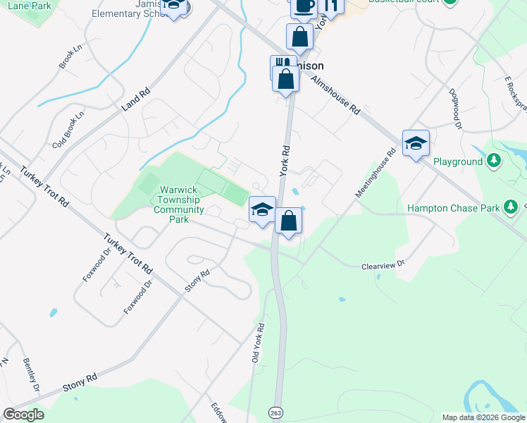 map of restaurants, bars, coffee shops, grocery stores, and more near 1990 York Road in Jamison