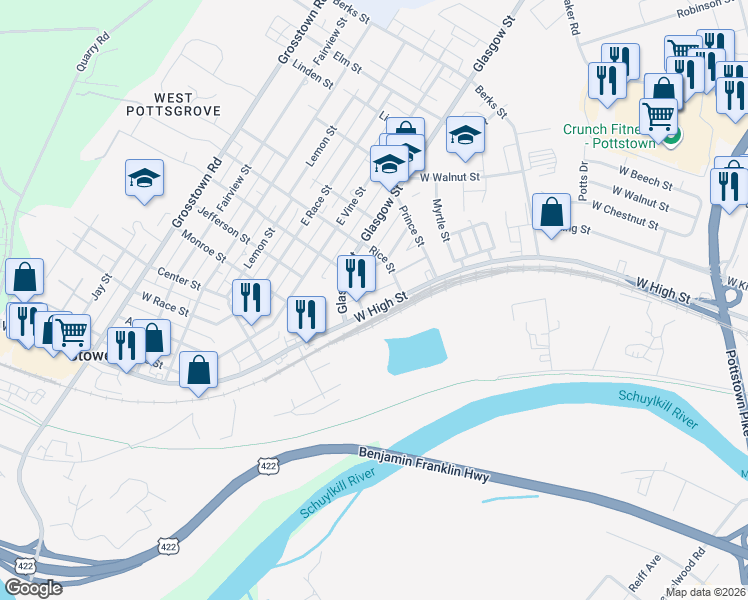 map of restaurants, bars, coffee shops, grocery stores, and more near 587 West High Street in Pottstown