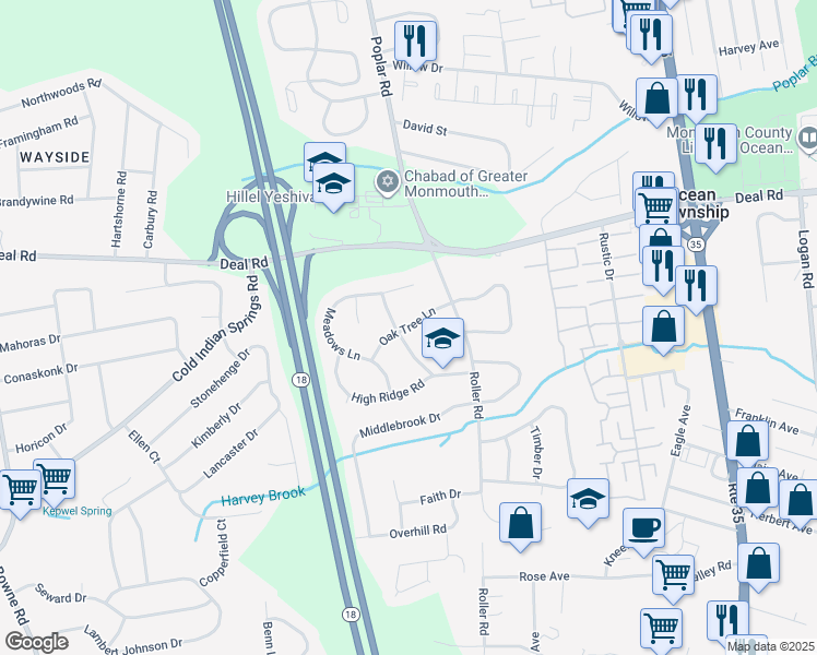 map of restaurants, bars, coffee shops, grocery stores, and more near 9 Oak Tree Lane in Monmouth County