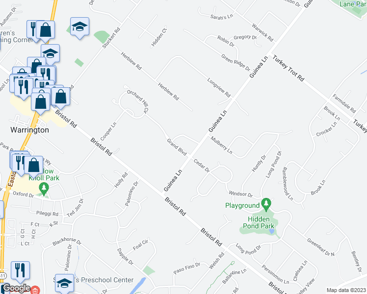 map of restaurants, bars, coffee shops, grocery stores, and more near 836 Grand Boulevard in Warrington