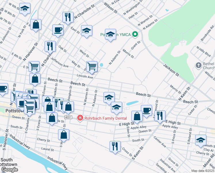 map of restaurants, bars, coffee shops, grocery stores, and more near 657 Beech Street in Pottstown
