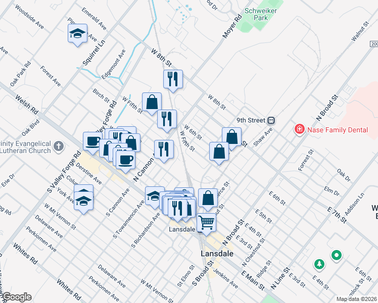 map of restaurants, bars, coffee shops, grocery stores, and more near 340 West 5th Street in Lansdale