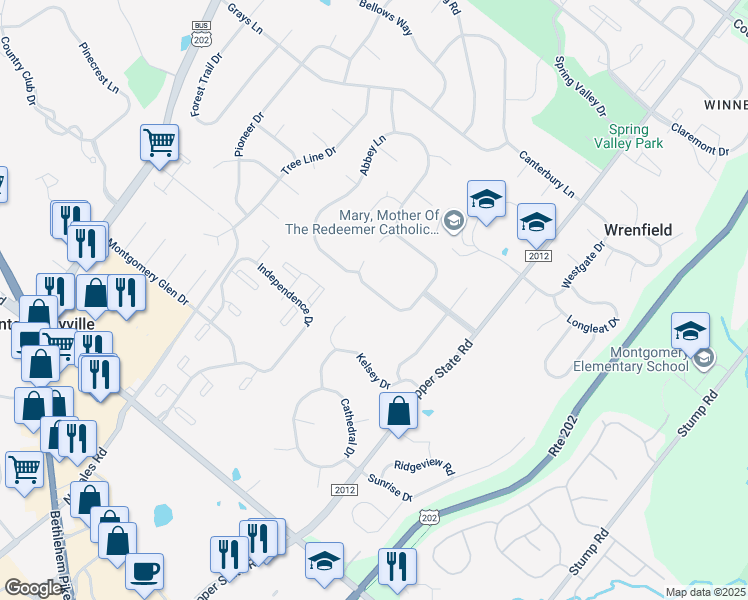 map of restaurants, bars, coffee shops, grocery stores, and more near 412 South Stone Ridge Drive in Lansdale