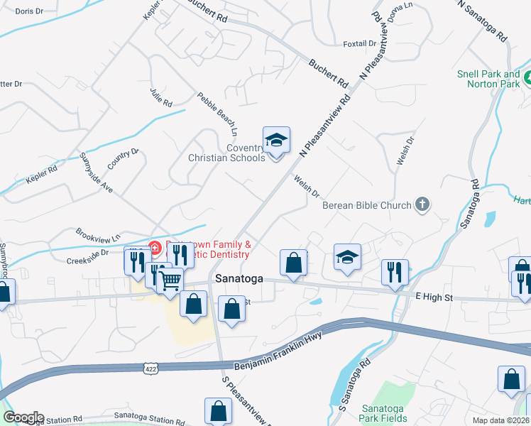 map of restaurants, bars, coffee shops, grocery stores, and more near 480 North Pleasantview Road in Pottstown
