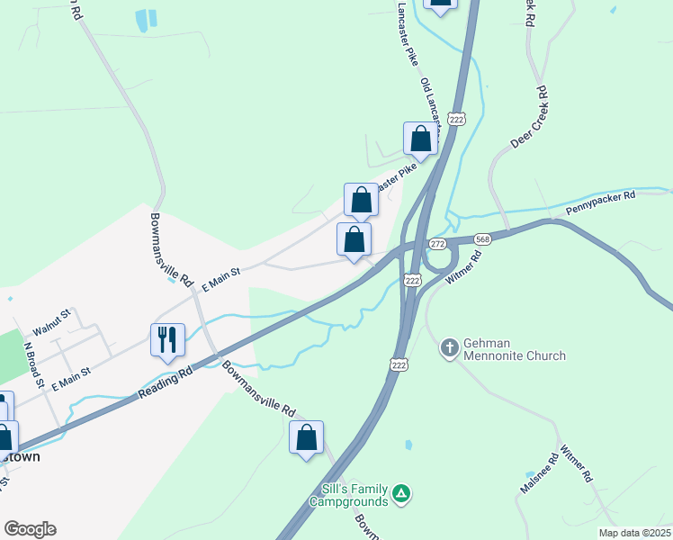 map of restaurants, bars, coffee shops, grocery stores, and more near 119 Furlow Road in Reinholds