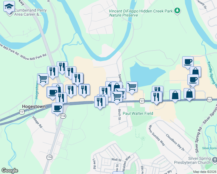 map of restaurants, bars, coffee shops, grocery stores, and more near 11 Silver Drive in Mechanicsburg