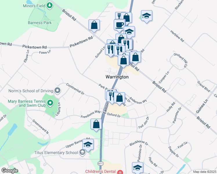 map of restaurants, bars, coffee shops, grocery stores, and more near 1222 Pennsylvania 611 in Warrington