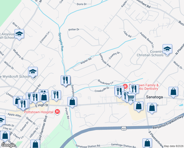 map of restaurants, bars, coffee shops, grocery stores, and more near 1030 Stuart Drive in Pottstown
