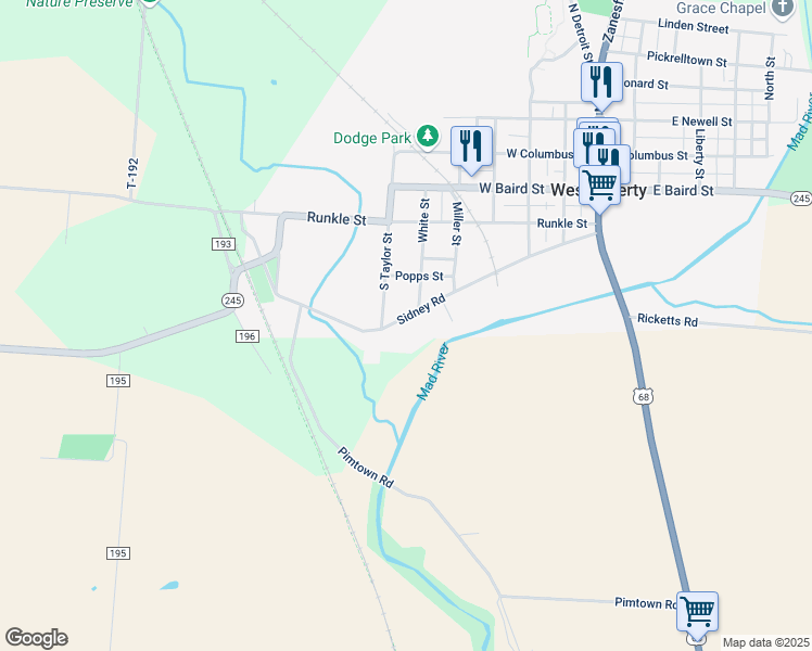 map of restaurants, bars, coffee shops, grocery stores, and more near 429 Sidney Street in West Liberty