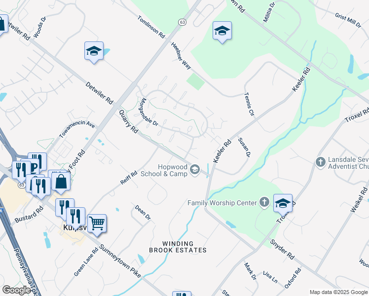map of restaurants, bars, coffee shops, grocery stores, and more near 1204 Crosshill Court in Lansdale