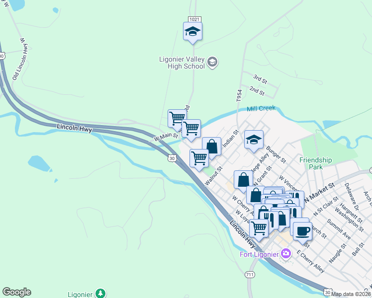 map of restaurants, bars, coffee shops, grocery stores, and more near 613 West Main Street in Ligonier