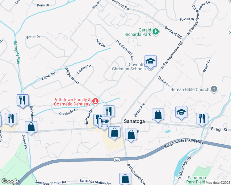 map of restaurants, bars, coffee shops, grocery stores, and more near 7 Green Briar Court in Sanatoga