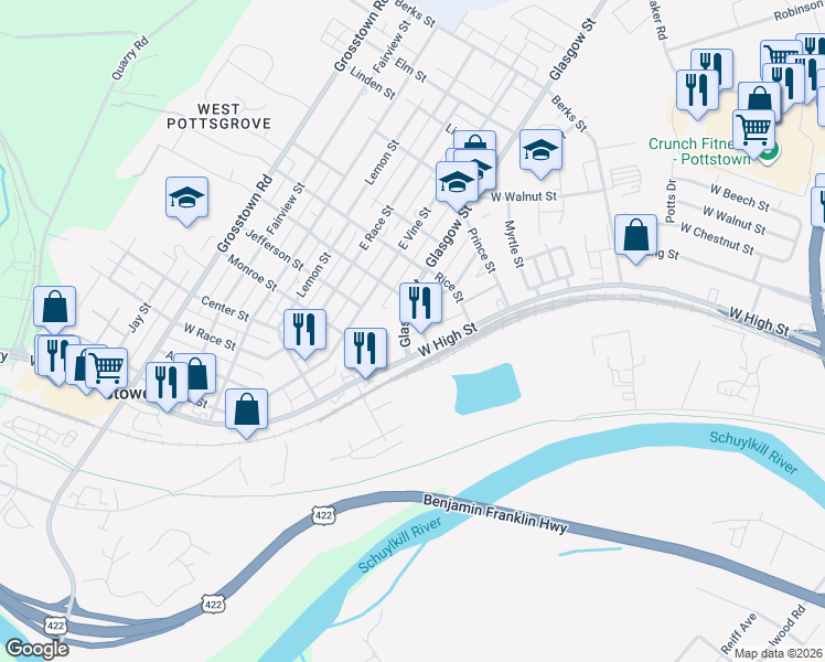 map of restaurants, bars, coffee shops, grocery stores, and more near 587 West High Street in Pottstown
