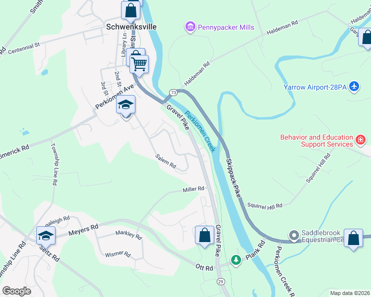 map of restaurants, bars, coffee shops, grocery stores, and more near 184 Concord Road in Schwenksville