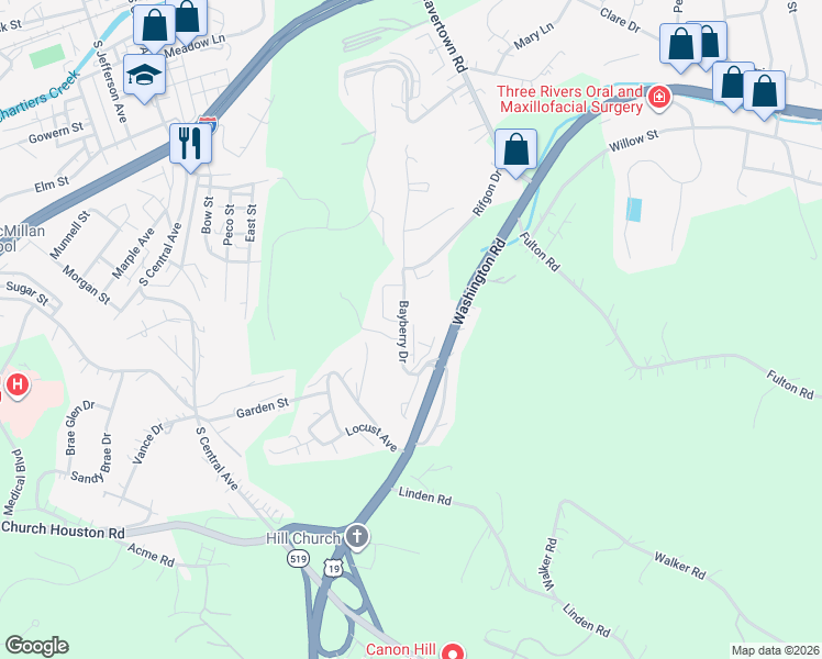map of restaurants, bars, coffee shops, grocery stores, and more near 1062 Bayberry Drive in Canonsburg