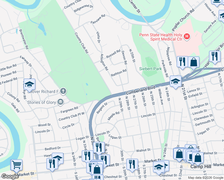 map of restaurants, bars, coffee shops, grocery stores, and more near 411 Country Club Road in Camp Hill