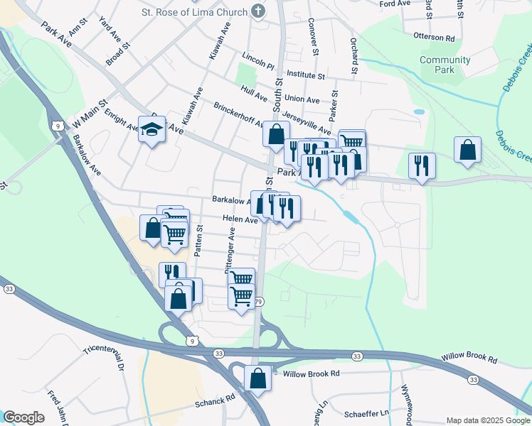 map of restaurants, bars, coffee shops, grocery stores, and more near 180 South Street in Freehold
