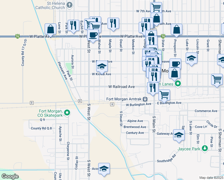 map of restaurants, bars, coffee shops, grocery stores, and more near 134 Maple Street in Fort Morgan