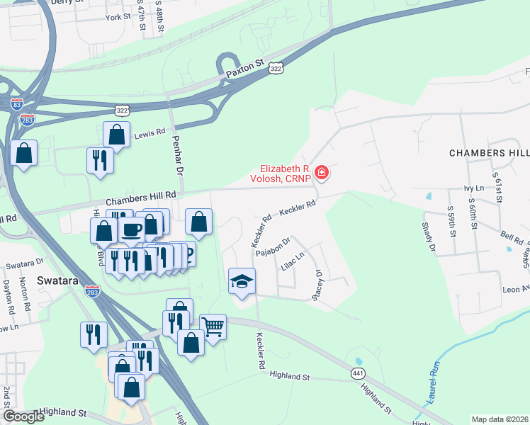 map of restaurants, bars, coffee shops, grocery stores, and more near 700 Keckler Road in Harrisburg