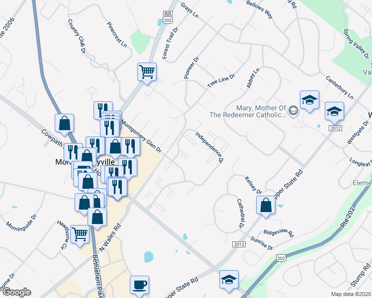 map of restaurants, bars, coffee shops, grocery stores, and more near 207 Stockton Court in North Wales