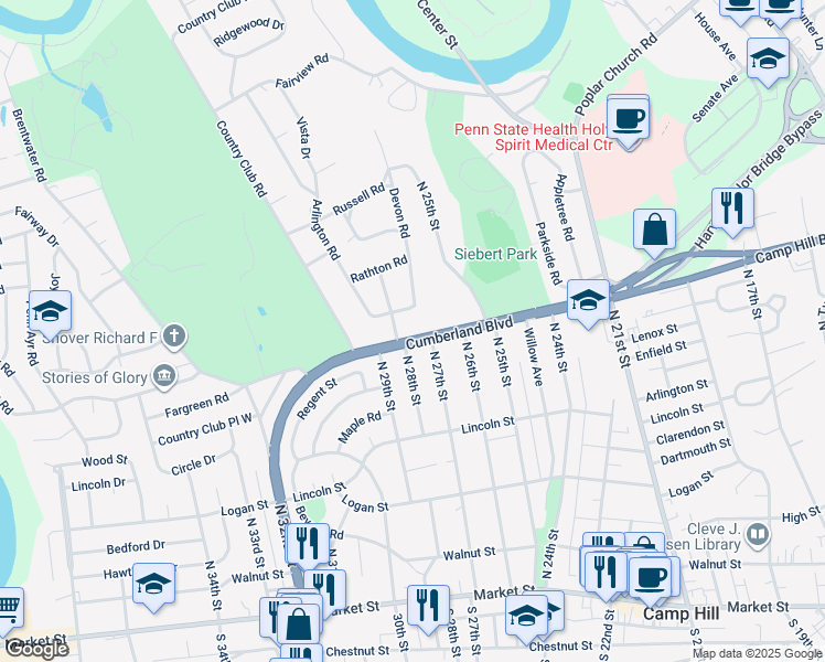 map of restaurants, bars, coffee shops, grocery stores, and more near 2820 Cumberland Boulevard in Camp Hill