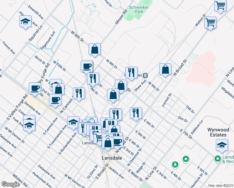 map of restaurants, bars, coffee shops, grocery stores, and more near 576 West 6th Street in Lansdale