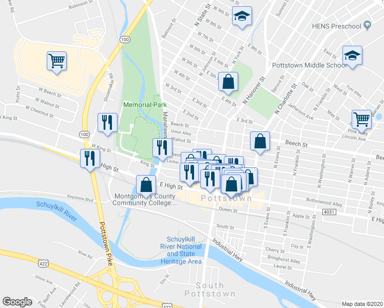 map of restaurants, bars, coffee shops, grocery stores, and more near 66 Chestnut Street in Pottstown