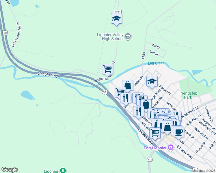 map of restaurants, bars, coffee shops, grocery stores, and more near 613 West Main Street in Ligonier