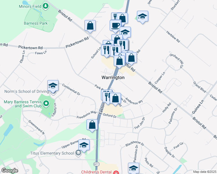 map of restaurants, bars, coffee shops, grocery stores, and more near 1222 Pennsylvania 611 in Warrington