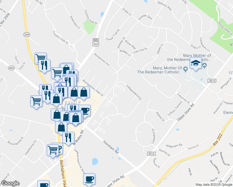 map of restaurants, bars, coffee shops, grocery stores, and more near 209 Stockton Court in North Wales