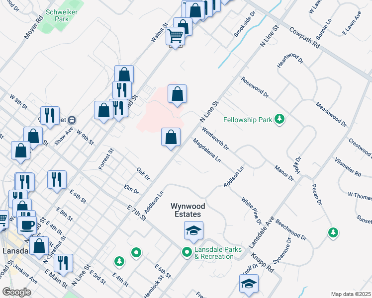 map of restaurants, bars, coffee shops, grocery stores, and more near 1405 North Line Street in Lansdale