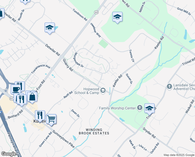 map of restaurants, bars, coffee shops, grocery stores, and more near 1204 Crosshill Court in Lansdale