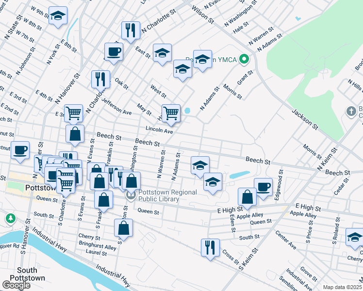 map of restaurants, bars, coffee shops, grocery stores, and more near 635 Beech Street in Pottstown