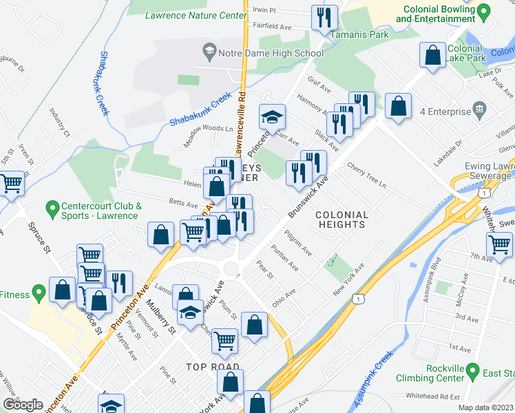 map of restaurants, bars, coffee shops, grocery stores, and more near 5 Van Buren Place in Trenton