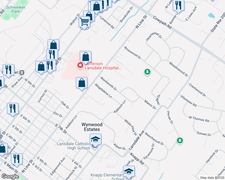 map of restaurants, bars, coffee shops, grocery stores, and more near 112 Magdalena Lane in Lansdale