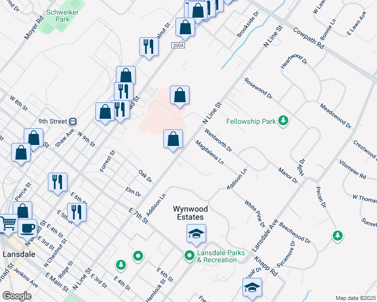 map of restaurants, bars, coffee shops, grocery stores, and more near 1405 North Line Street in Lansdale
