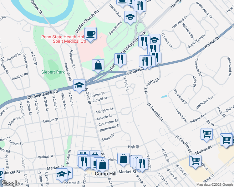 map of restaurants, bars, coffee shops, grocery stores, and more near 114 Hilltop Court in Camp Hill