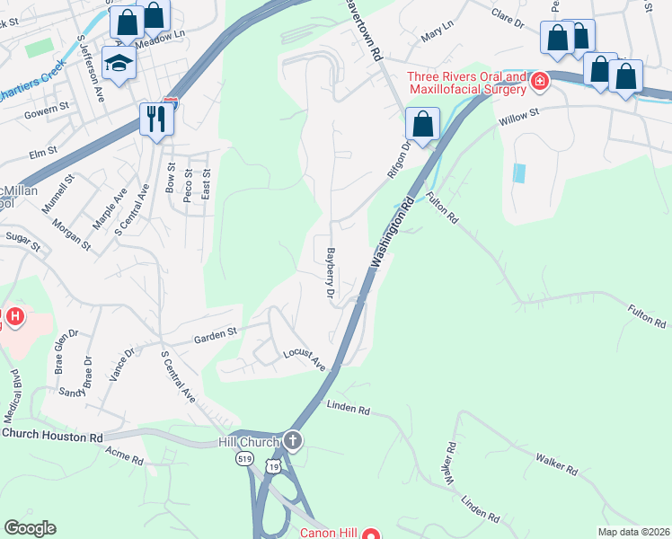 map of restaurants, bars, coffee shops, grocery stores, and more near 1062 Bayberry Drive in Canonsburg