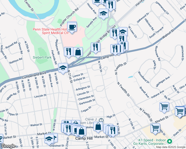 map of restaurants, bars, coffee shops, grocery stores, and more near 114 Hilltop Court in Camp Hill