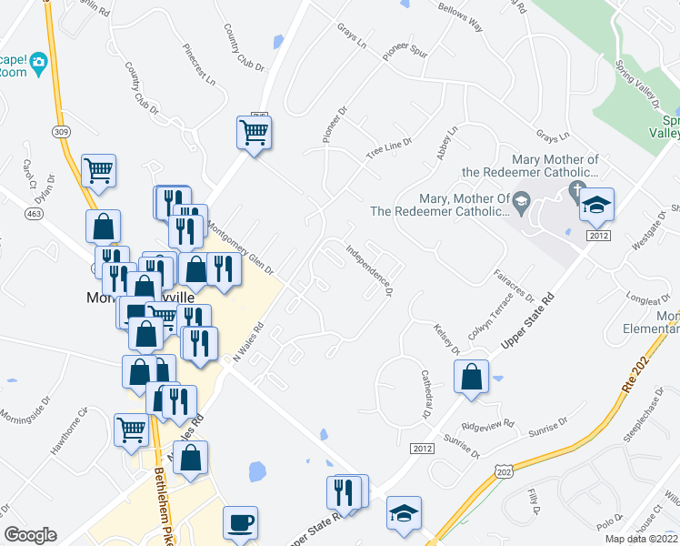 map of restaurants, bars, coffee shops, grocery stores, and more near 906 Thornton Court in North Wales