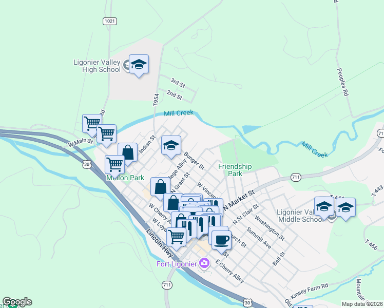 map of restaurants, bars, coffee shops, grocery stores, and more near 319 Kastner Street in Ligonier