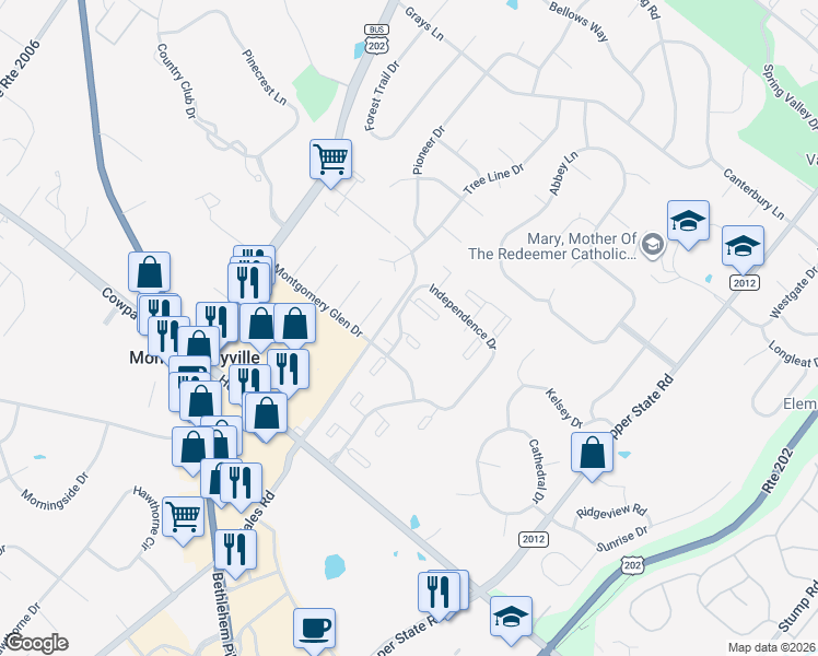 map of restaurants, bars, coffee shops, grocery stores, and more near 209 Stockton Court in North Wales