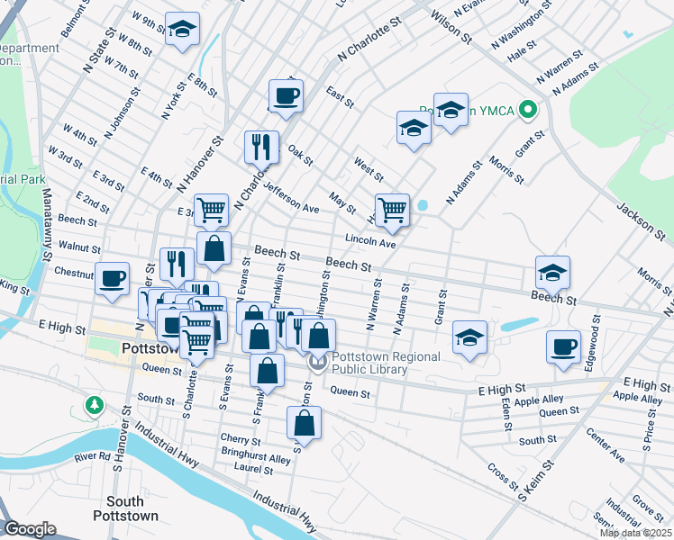 map of restaurants, bars, coffee shops, grocery stores, and more near 510 Beech Street in Pottstown