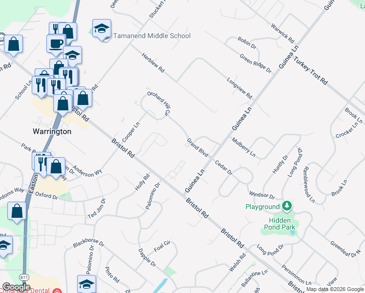 map of restaurants, bars, coffee shops, grocery stores, and more near 621 Grand Boulevard in Warrington
