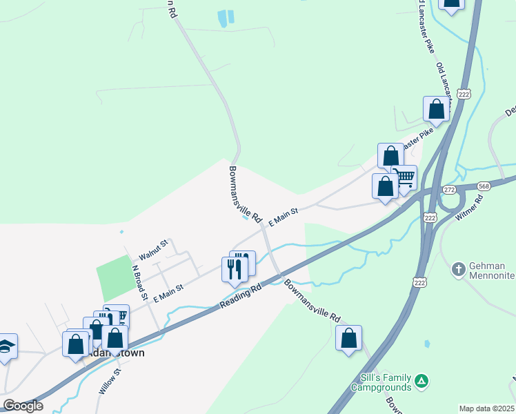 map of restaurants, bars, coffee shops, grocery stores, and more near 406 Bowmansville Road in Mohnton