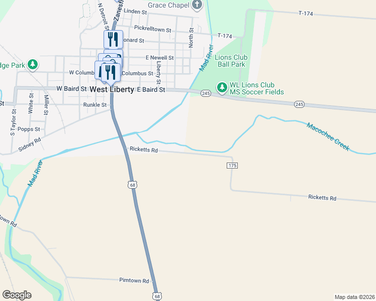 map of restaurants, bars, coffee shops, grocery stores, and more near 283 Township Road 175 in West Liberty