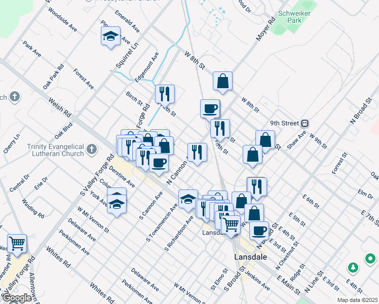 map of restaurants, bars, coffee shops, grocery stores, and more near 380 North Cannon Avenue in Lansdale