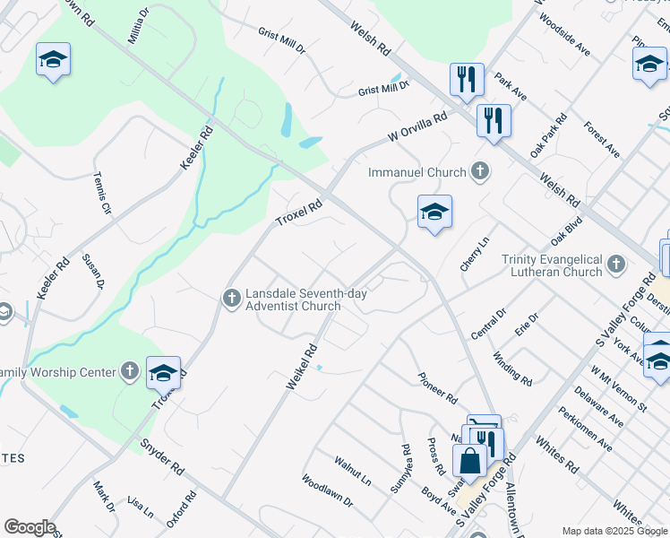 map of restaurants, bars, coffee shops, grocery stores, and more near 607 Salem Way in Lansdale