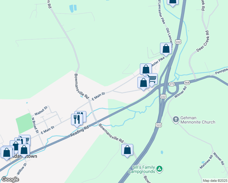 map of restaurants, bars, coffee shops, grocery stores, and more near 2162 Old Lancaster Pike in Reinholds
