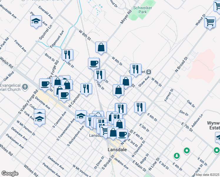 map of restaurants, bars, coffee shops, grocery stores, and more near 304 West 6th Street in Lansdale